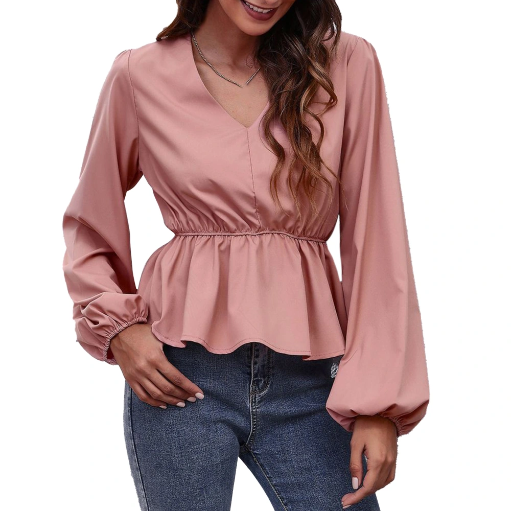 Women V Neck Blouse Lantern Long Sleeve Slim Waist Ruffle Hem Pure Color Elegant Casual Relax Fit Top Pink XL