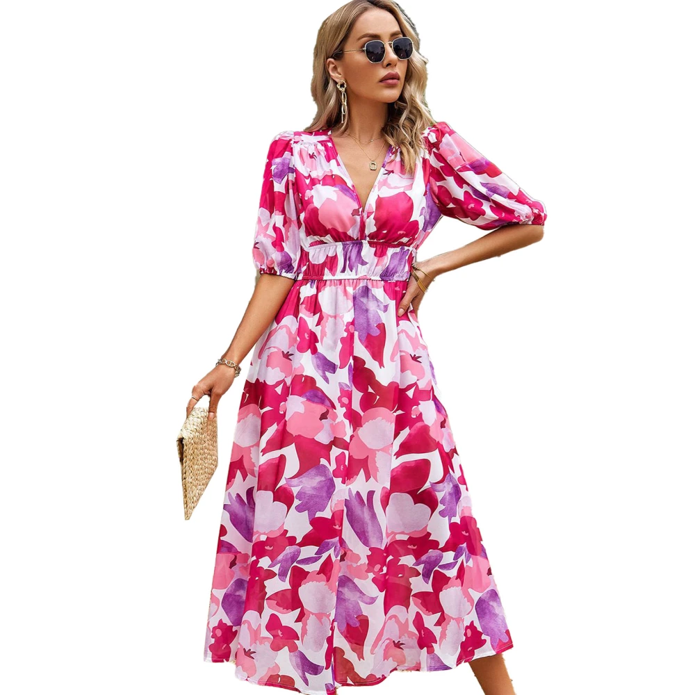 Women Deep V Neck Maxi Dress Pleated High Waist Floral Print Flowy Elegant Short Puff Sleeve Long Dress Red L