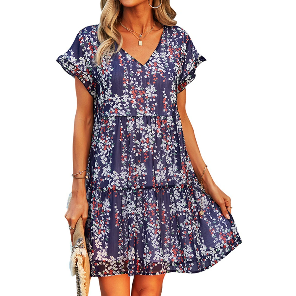 Women V Neck Floral Printed Dress Short Batwing Sleeves Ruffle Trim Summer A Line Dress Navy Blue XL