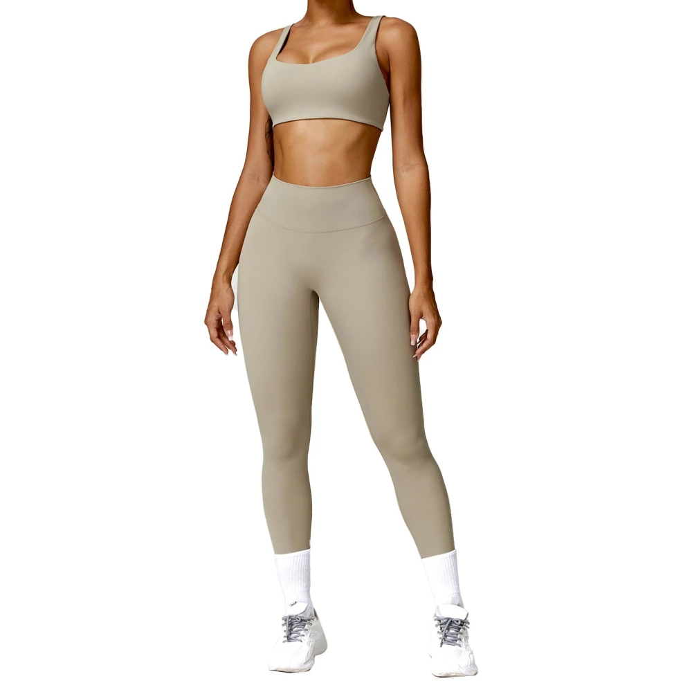 Women Workout Set High Waist Leggings U Neck Bra Sweat Wicking Tummy Control Two Piece Workout Outfits Light Brown Tan L