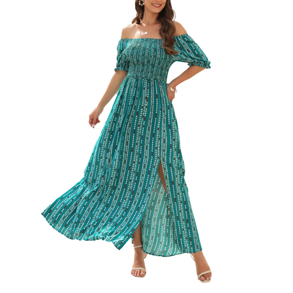 Women Off Shoulder Maxi Dress Shirred Waist Floral Print Striped Puff Sleeve Split A Line Long Dress Green M