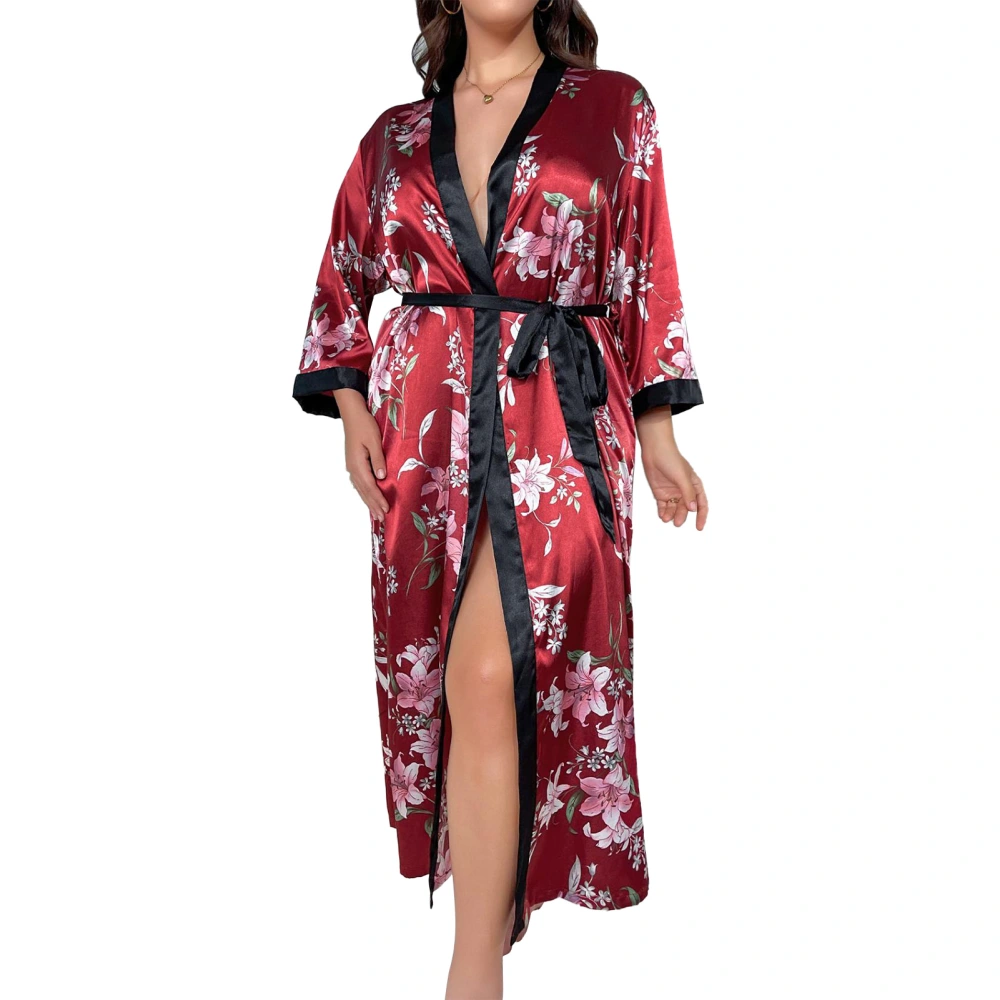 Lady Long Robe Tie Waist Loose Fit Fashionable Casual Print Women Silk Robe Pajamas for Home Travel Red Flower 3XL