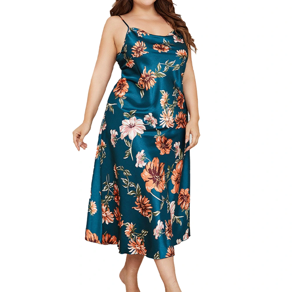 Women Satin Silk Like Nightgown Spaghetti Strap Cowl Neck Floral Printed Sleep Long Dress Cyan 3XL