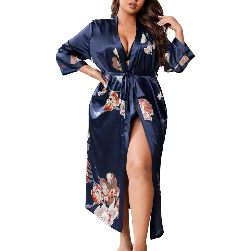 Lady Long Robe Tie Waist Loose Fit Fashionable Casual Print Women Silk Robe Pajamas for Home Travel Dark Blue Large Flower 4XL