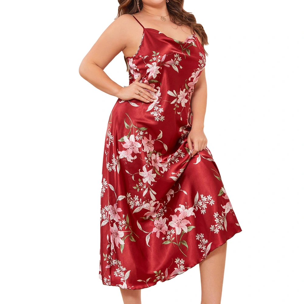 Women Satin Silk Like Nightgown Spaghetti Strap Cowl Neck Floral Printed Sleep Long Dress Red Floral 5XL