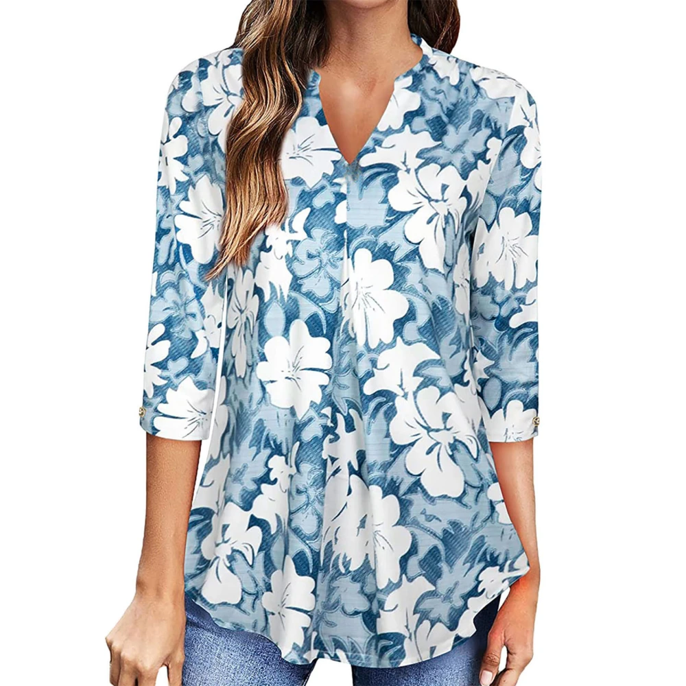 Women 3/4 Sleeve V Neck Tops Fashionable Printed Breathable Casual Blouses Loose for Parties Daily Wear Light Blue XXL