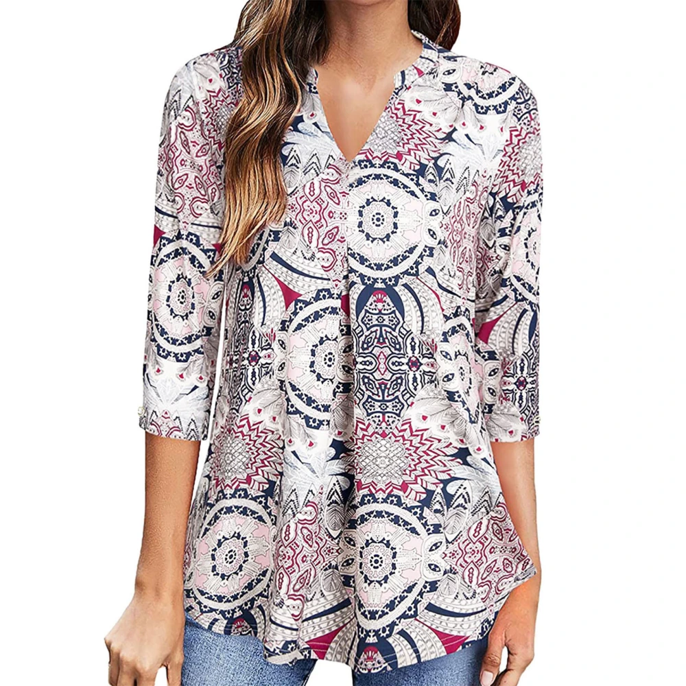 Women 3/4 Sleeve V Neck Tops Fashionable Printed Breathable Casual Blouses Loose for Parties Daily Wear Pink XXL