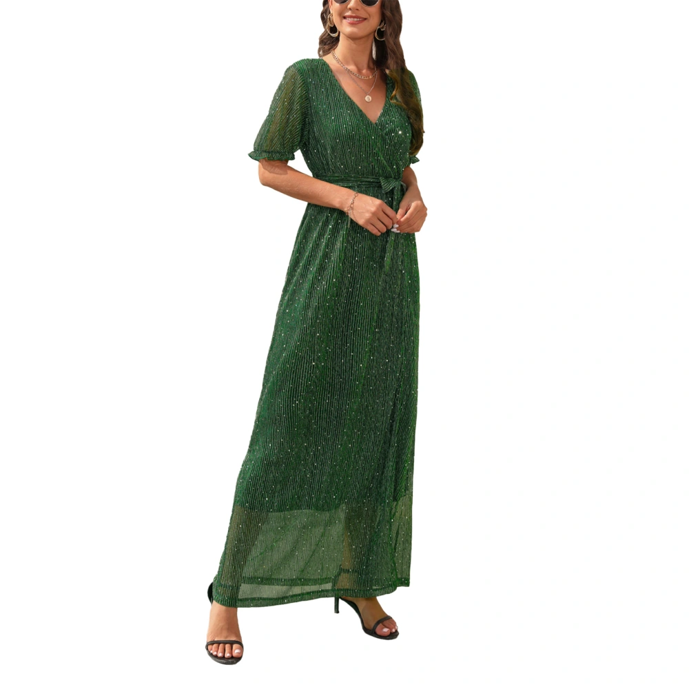 Women V Neck Wrap Maxi Dress Waist Belted Side Slit Pure Color Gold Stamping Short Sleeves Dress for Daily Wear Green XXL