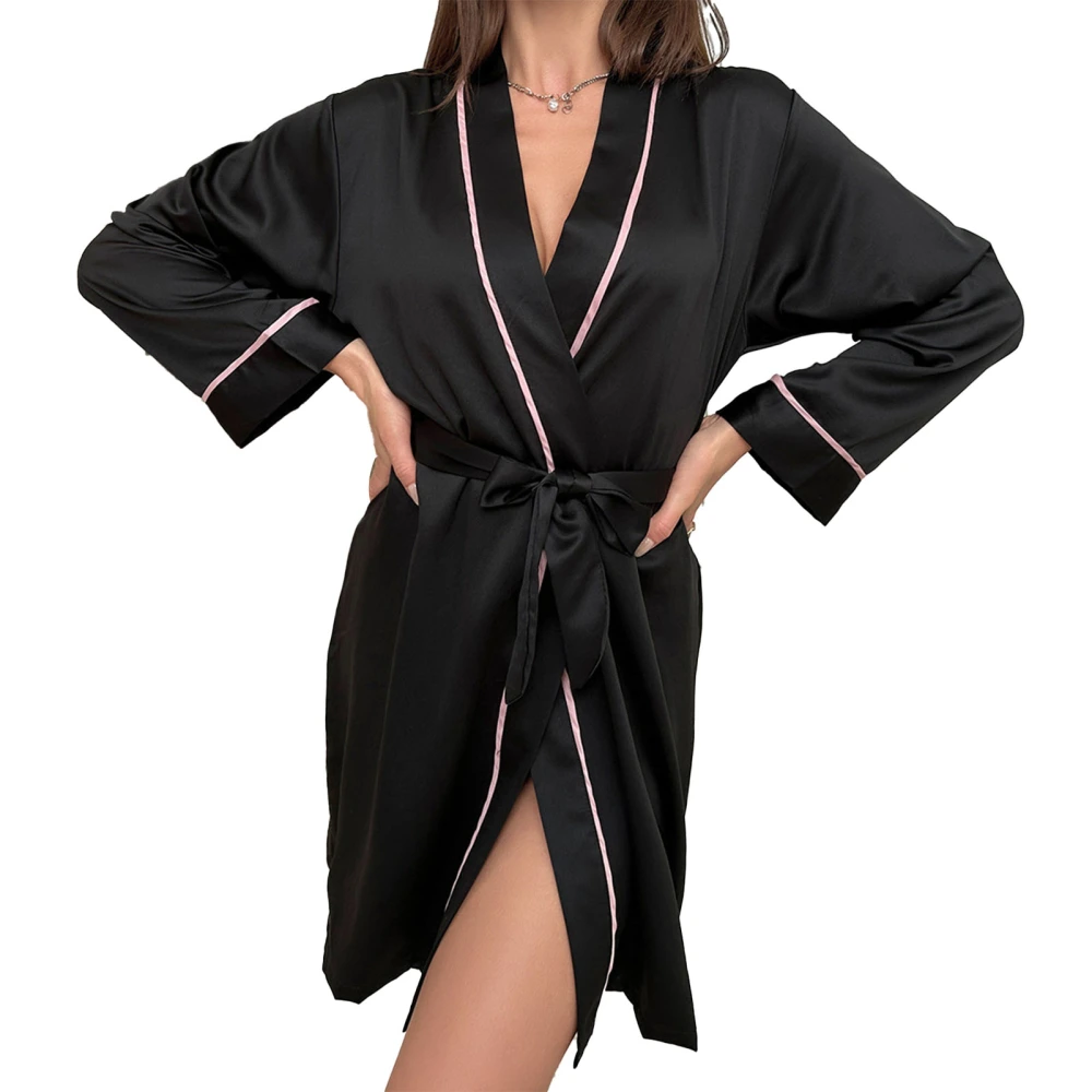 Women Long Sleeves Sleepwear Dress Deep V Neck Waist Belted Casual Satin Nightwear Pajamas Black L