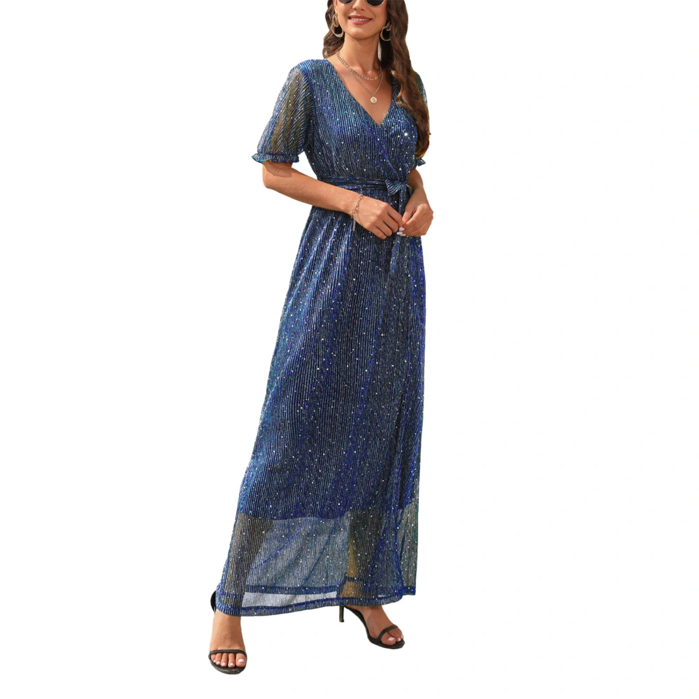 Women V Neck Wrap Maxi Dress Waist Belted Side Slit Pure Color Gold Stamping Short Sleeves Dress for Daily Wear Blue S