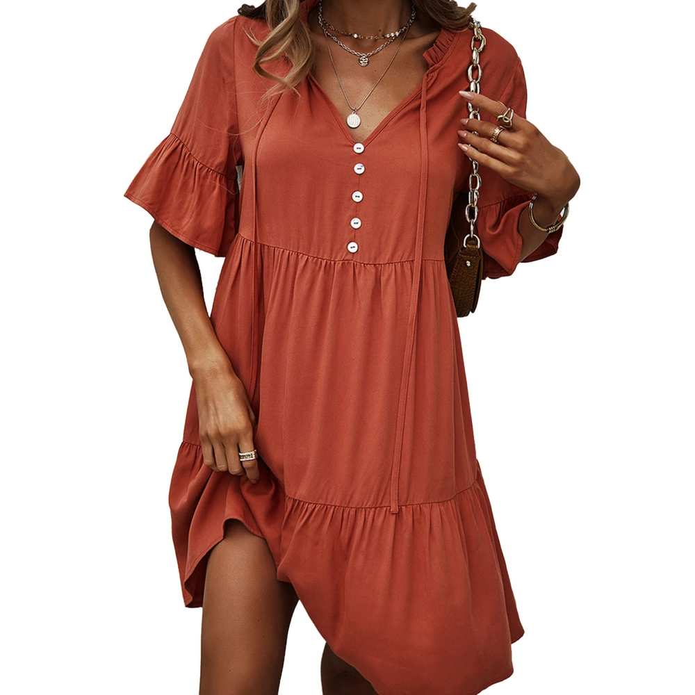 Women Solid A Line Dress Short Sleeve V Neck Frill Trim Tie Breathable Loose Waist Ruffle Stylish Dress Orange M