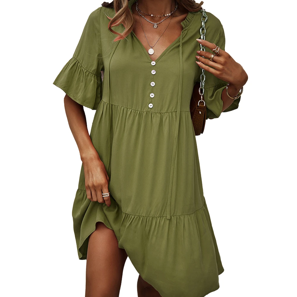 Women Solid A Line Dress Short Sleeve V Neck Frill Trim Tie Breathable Loose Waist Ruffle Stylish Dress Light Green M