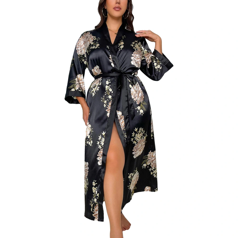 Lady Long Robe Tie Waist Loose Fit Fashionable Casual Print Women Silk Robe Pajamas for Home Travel Black Flower 5XL