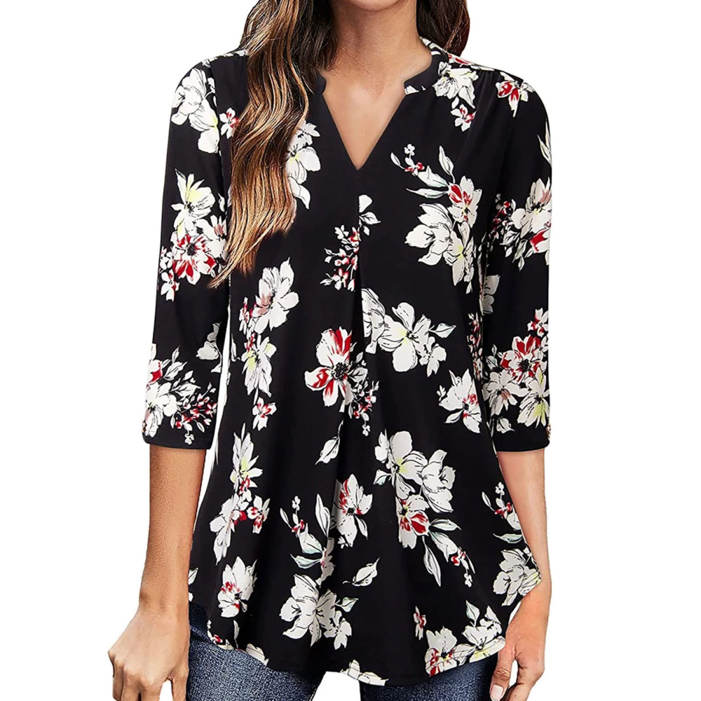 Women 3/4 Sleeve V Neck Tops Fashionable Printed Breathable Casual Blouses Loose for Parties Daily Wear Black M