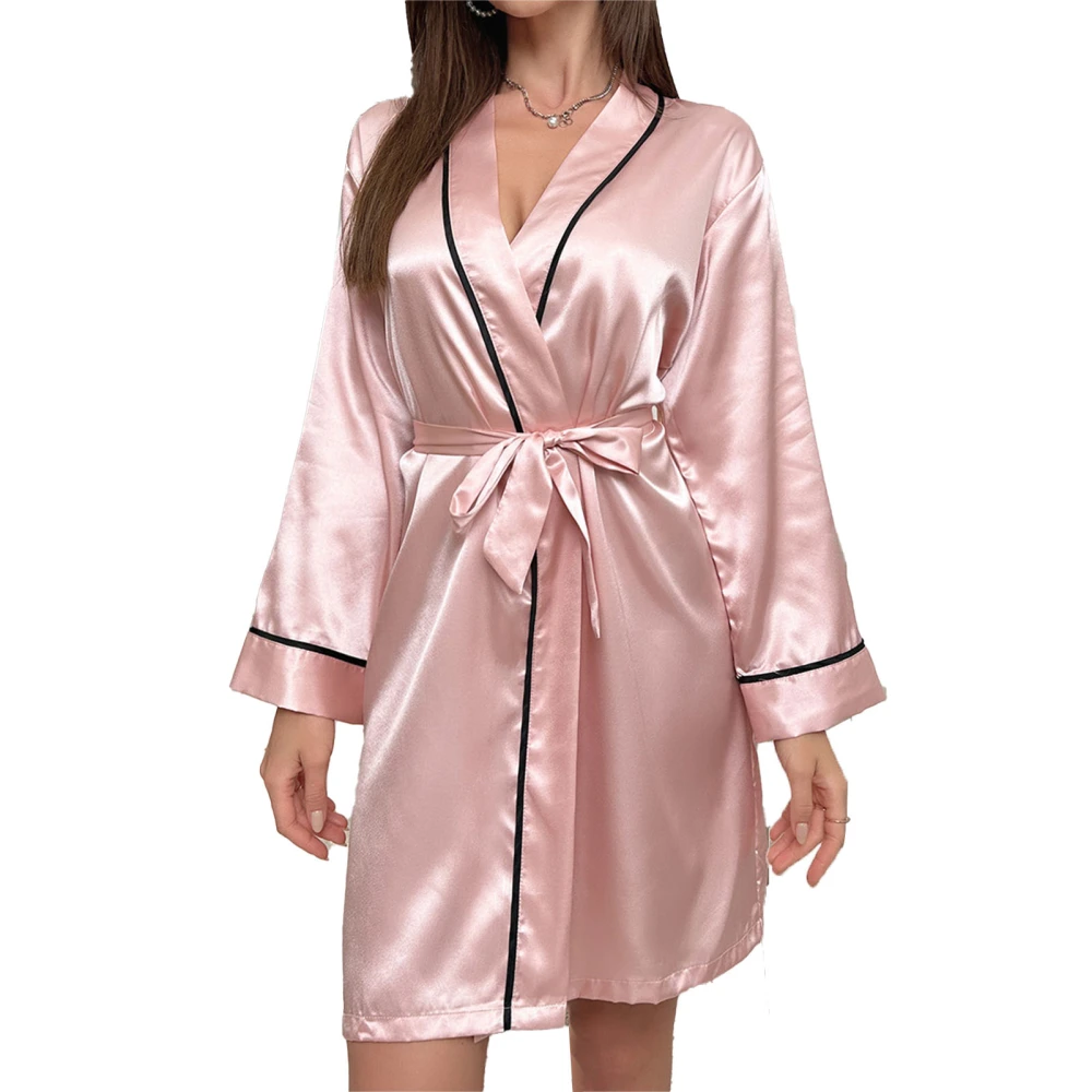 Women Long Sleeves Sleepwear Dress Deep V Neck Waist Belted Casual Satin Nightwear Pajamas Light Pink L