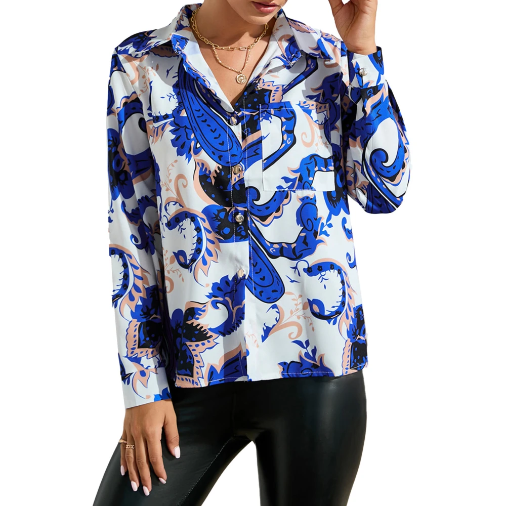 Women Long Sleeve Shirt Turn Down Collar Fashion Style Shirt Top for Commute Travel Vocation Blue L