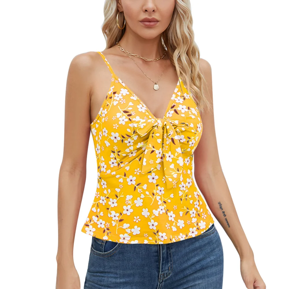 Women Sleeveless Camisole Top Front Bow Tie Floral Print Deep V Neck Spaghetti Strap Tank Top Yellow L