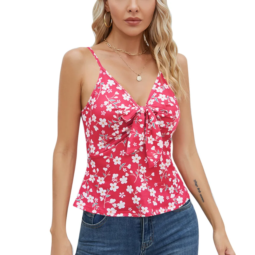 Women Sleeveless Camisole Top Front Bow Tie Floral Print Deep V Neck Spaghetti Strap Tank Top Red S