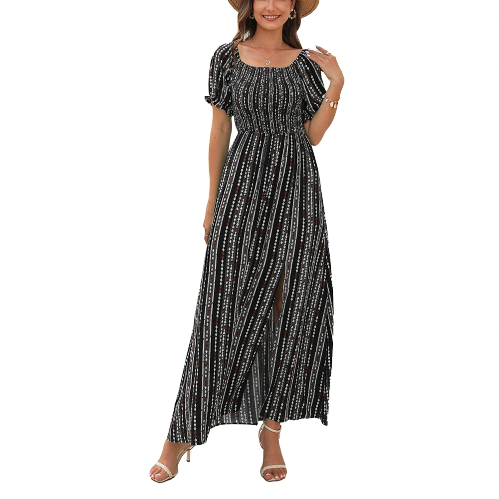 Women Off Shoulder Maxi Dress Shirred Waist Floral Print Striped Puff Sleeve Split A Line Long Dress Black XXL