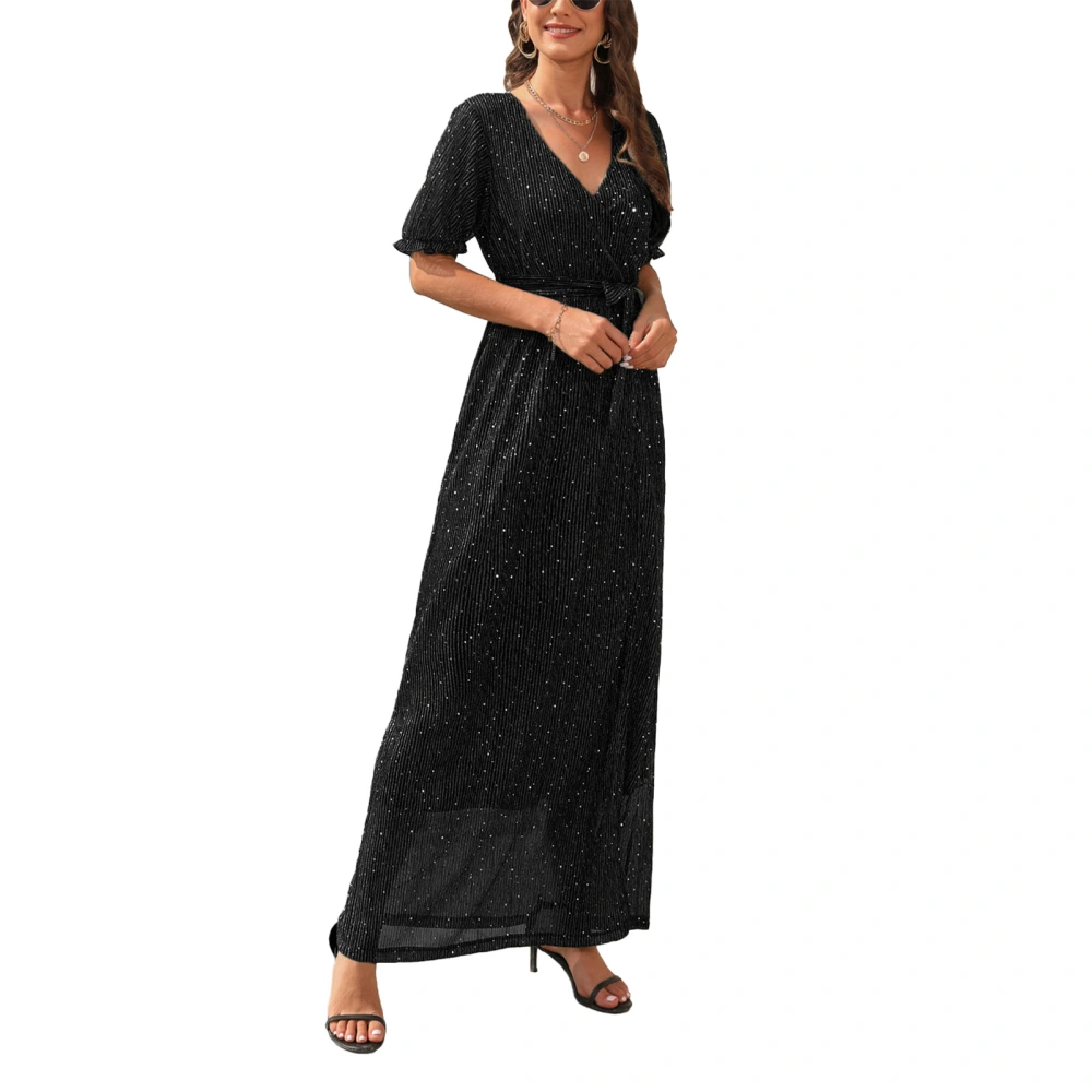 Women V Neck Wrap Maxi Dress Waist Belted Side Slit Pure Color Gold Stamping Short Sleeves Dress for Daily Wear Black M