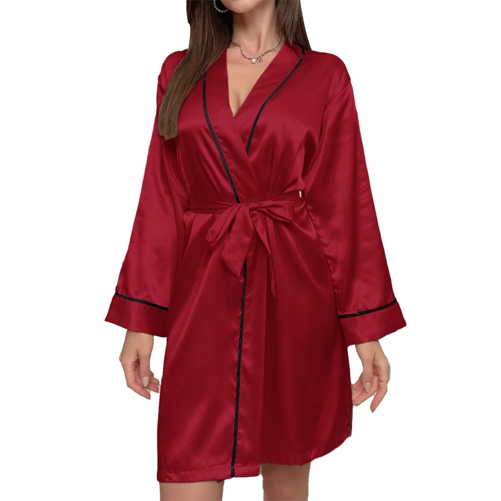 Women Long Sleeves Sleepwear Dress Deep V Neck Waist Belted Casual Satin Nightwear Pajamas Red S