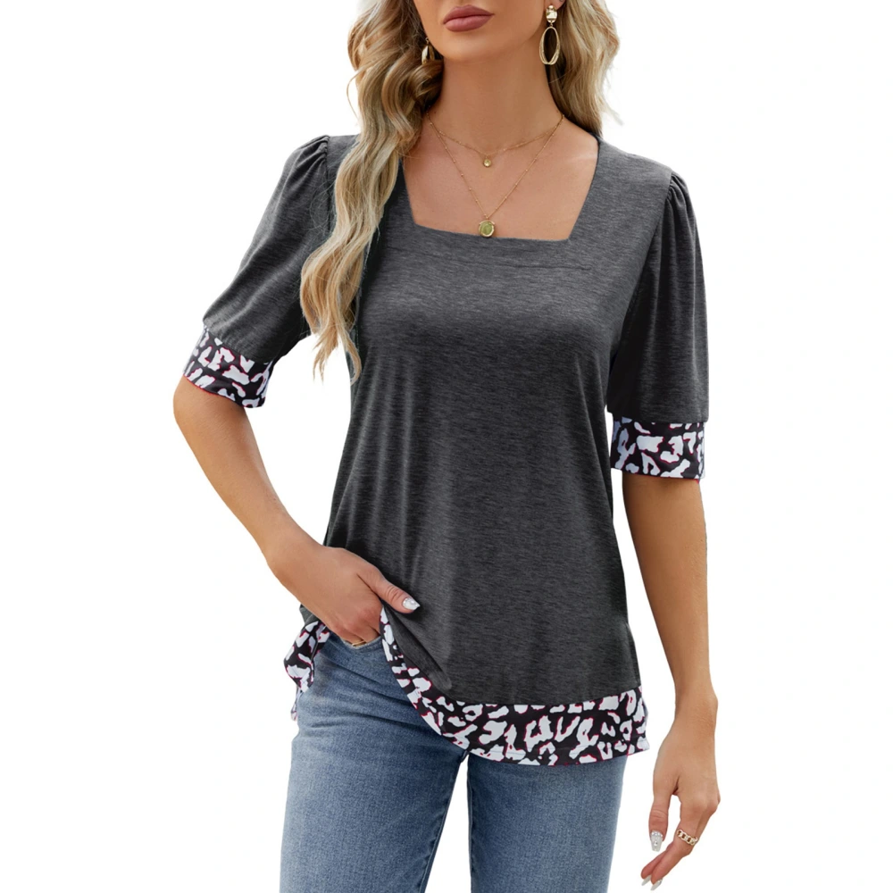 Women Print Splicing Color Block Blouse Puff Short Sleeve Side Hem Split Soft Breathable Fashionable Pullover Blouse Dark Gray S