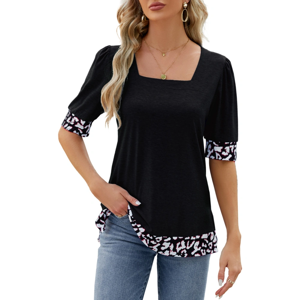 Women Print Splicing Color Block Blouse Puff Short Sleeve Side Hem Split Soft Breathable Fashionable Pullover Blouse Black XL