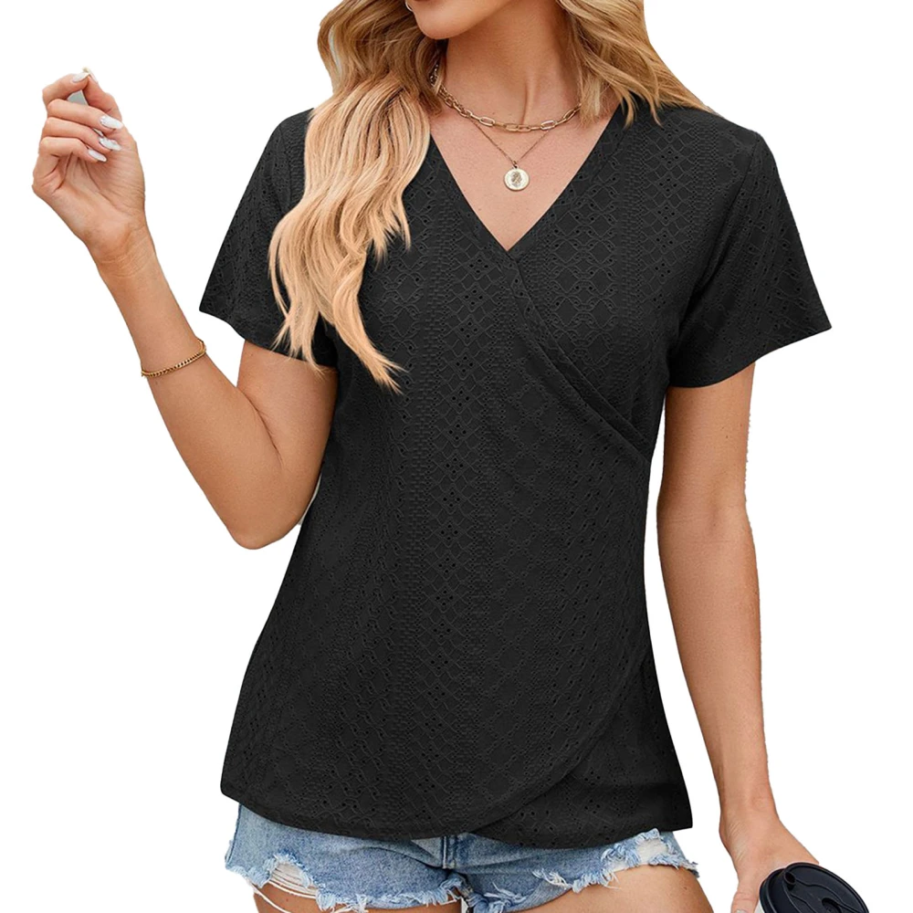 Women V Neck Wrap Front T Shirt Short Sleeve Loose Fit Hollow Out Casual Cross Front Wrapped Top Black M