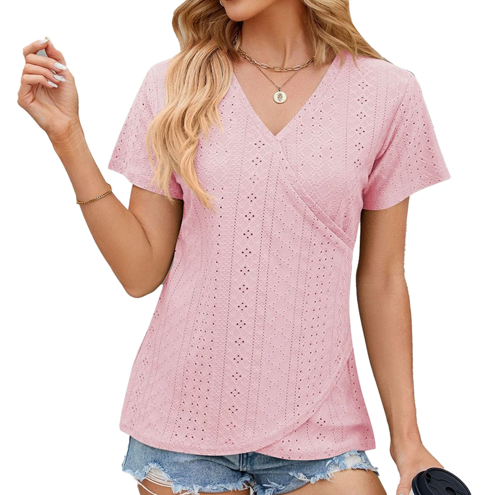 Women V Neck Wrap Front T Shirt Short Sleeve Loose Fit Hollow Out Casual Cross Front Wrapped Top Light Pink S