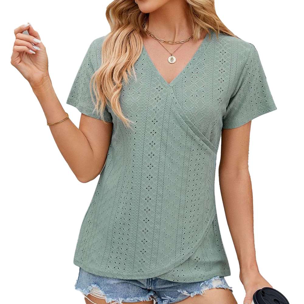 Women V Neck Wrap Front T Shirt Short Sleeve Loose Fit Hollow Out Casual Cross Front Wrapped Top Dark Green S