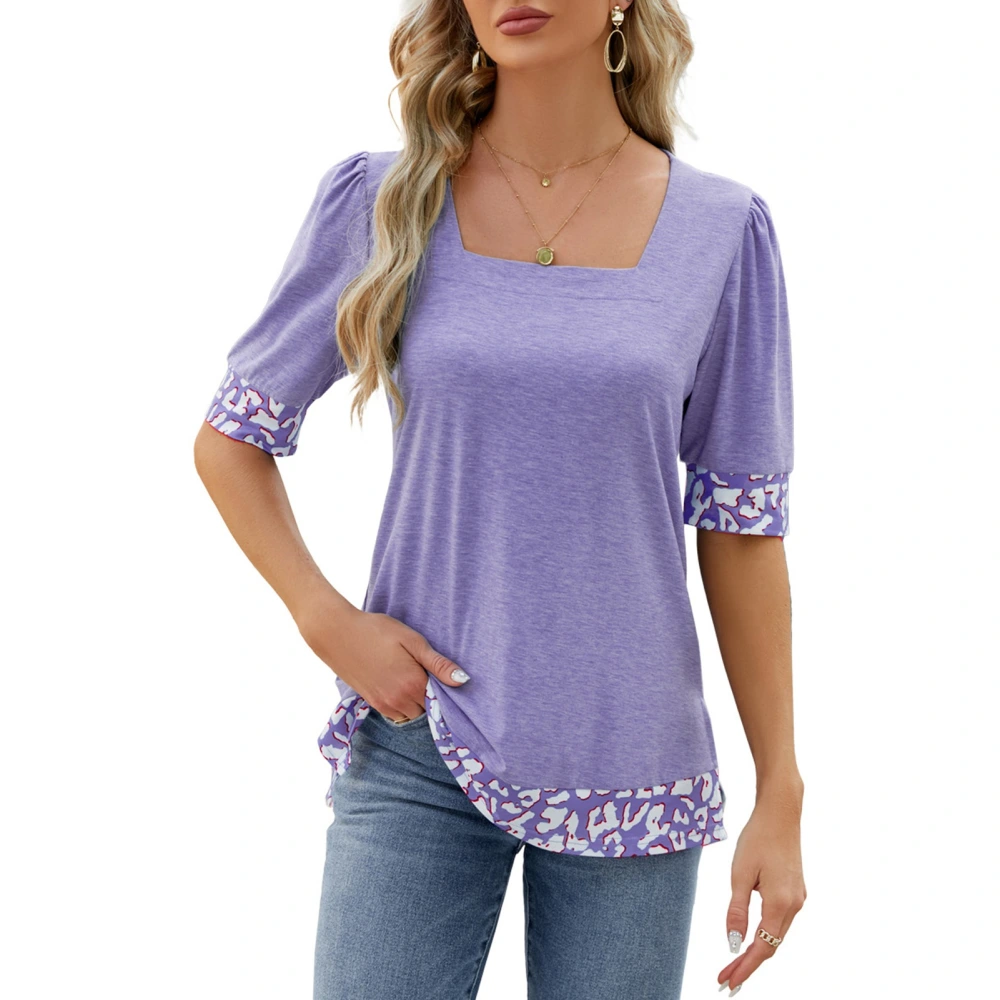 Women Print Splicing Color Block Blouse Puff Short Sleeve Side Hem Split Soft Breathable Fashionable Pullover Blouse Purple XXL