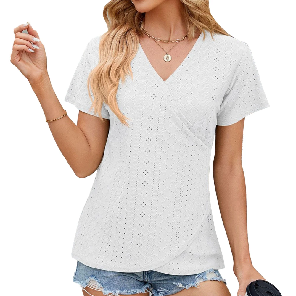 Women V Neck Wrap Front T Shirt Short Sleeve Loose Fit Hollow Out Casual Cross Front Wrapped Top White L