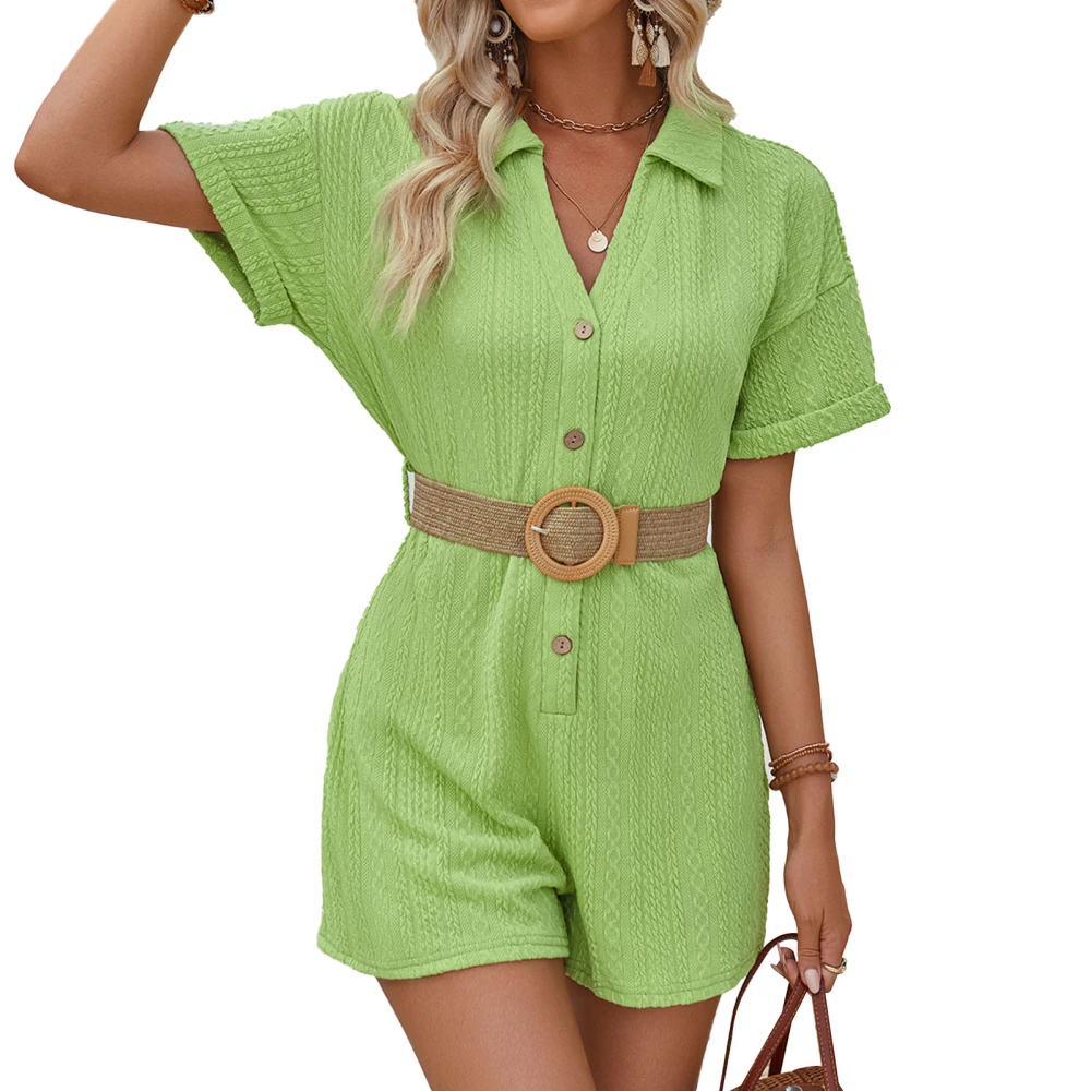 Women Short Sleeve Jumpsuit Shorts Wide Leg Tie Waist V Neck Button Up Summer One Piece Jumpsuit Light Green XL