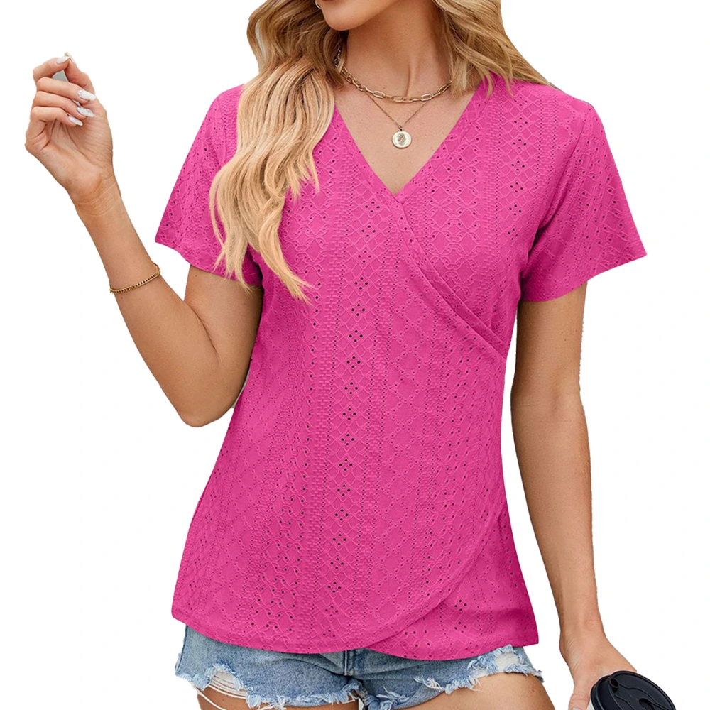 Women V Neck Wrap Front T Shirt Short Sleeve Loose Fit Hollow Out Casual Cross Front Wrapped Top Pink XL