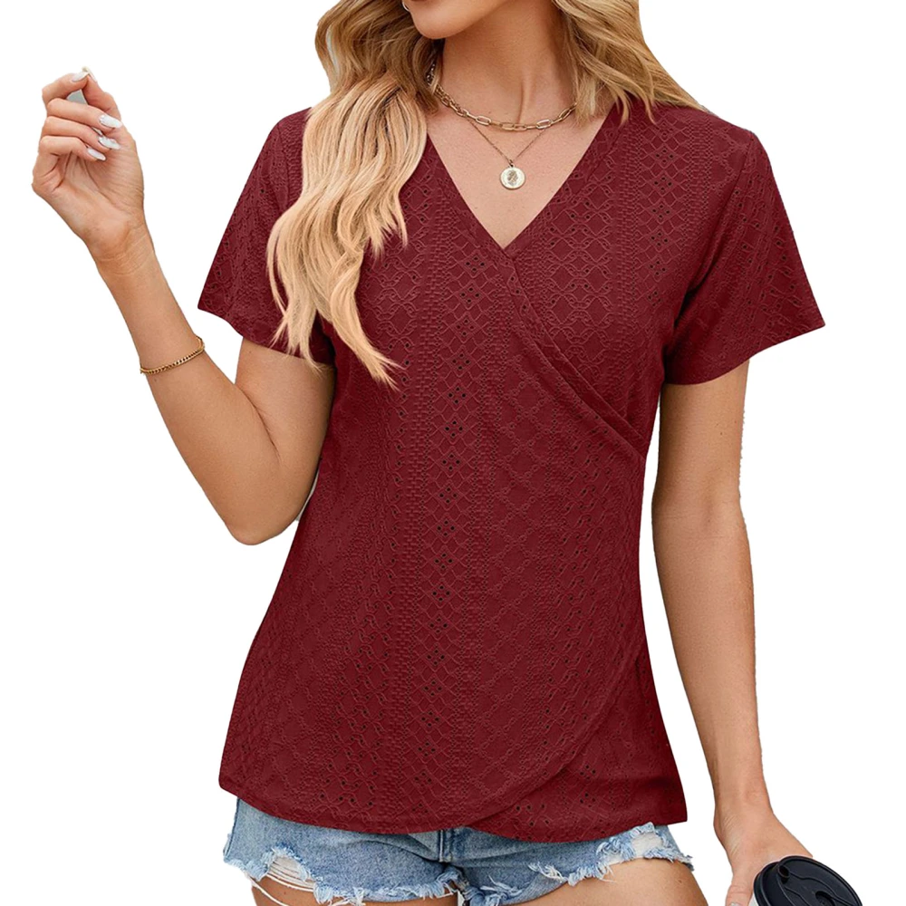 Women V Neck Wrap Front T Shirt Short Sleeve Loose Fit Hollow Out Casual Cross Front Wrapped Top Burgundy S