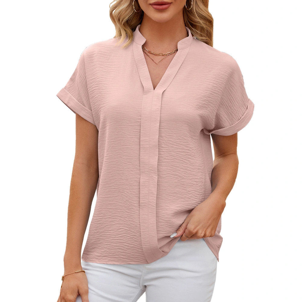 Elegant Office V Neck Blouse Casual Fitted Plain Color Short Sleeve Basic Blouse for Spring Summer Pink S