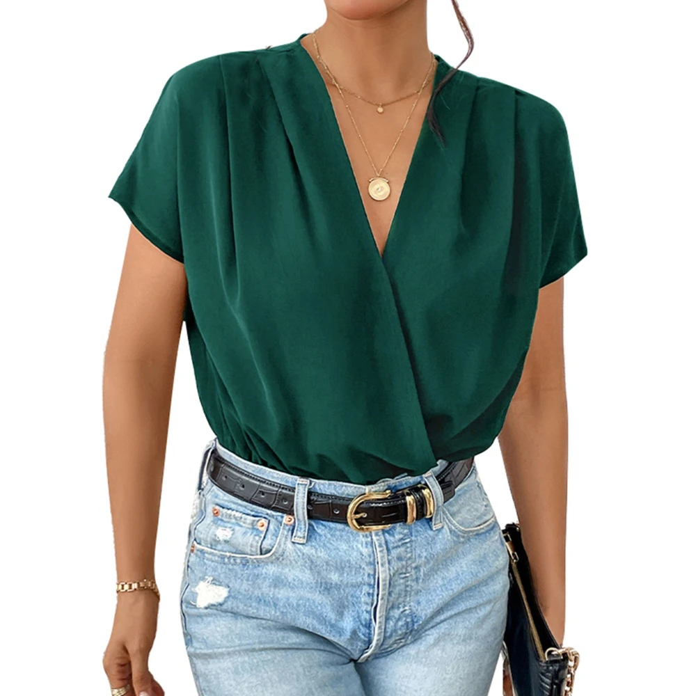 Women Short Sleeve Bodysuit Crossing Wrap V Neck Pleated Shoulder Briefs Bodysuit for Parties Dark Green S