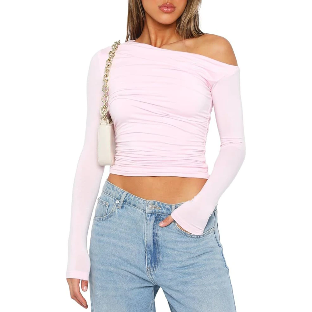 Women One Shoulder Long Sleeve Cropped Top Ruched Pure Color Asymmetric Slim Fit T Shirt Pink XL