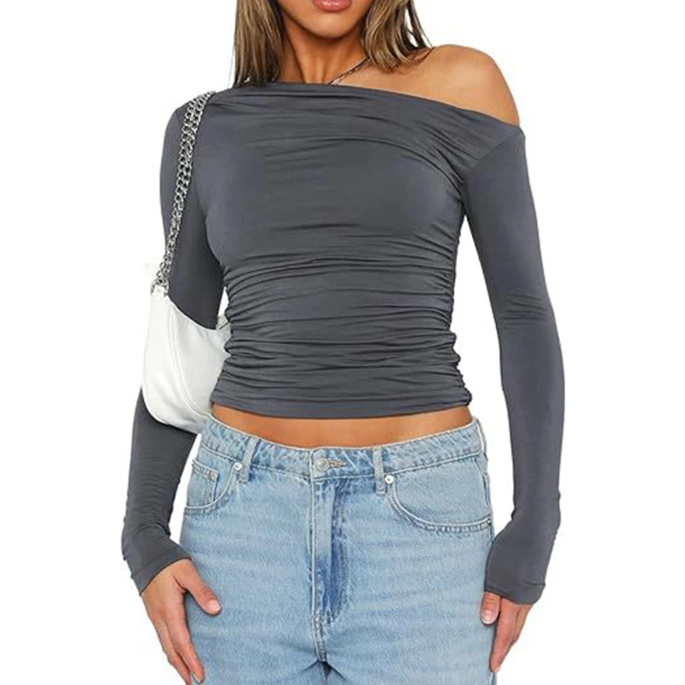 Women One Shoulder Long Sleeve Cropped Top Ruched Pure Color Asymmetric Slim Fit T Shirt Dark Gray M