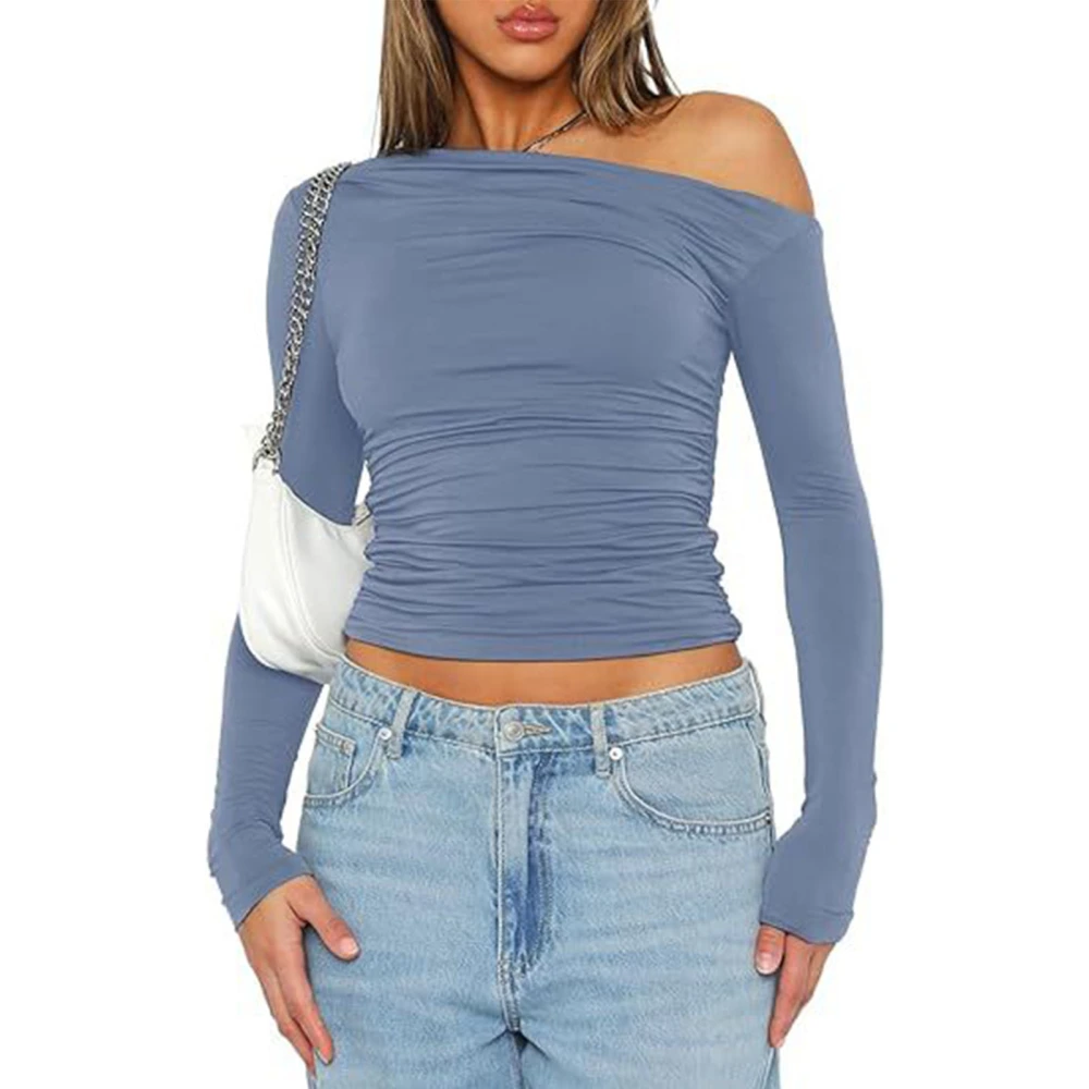 Women One Shoulder Long Sleeve Cropped Top Ruched Pure Color Asymmetric Slim Fit T Shirt Gray Blue XL