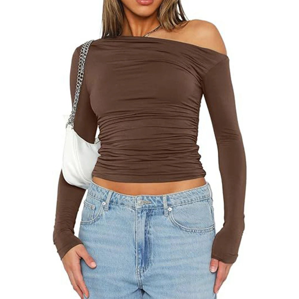 Women One Shoulder Long Sleeve Cropped Top Ruched Pure Color Asymmetric Slim Fit T Shirt Coffee XL