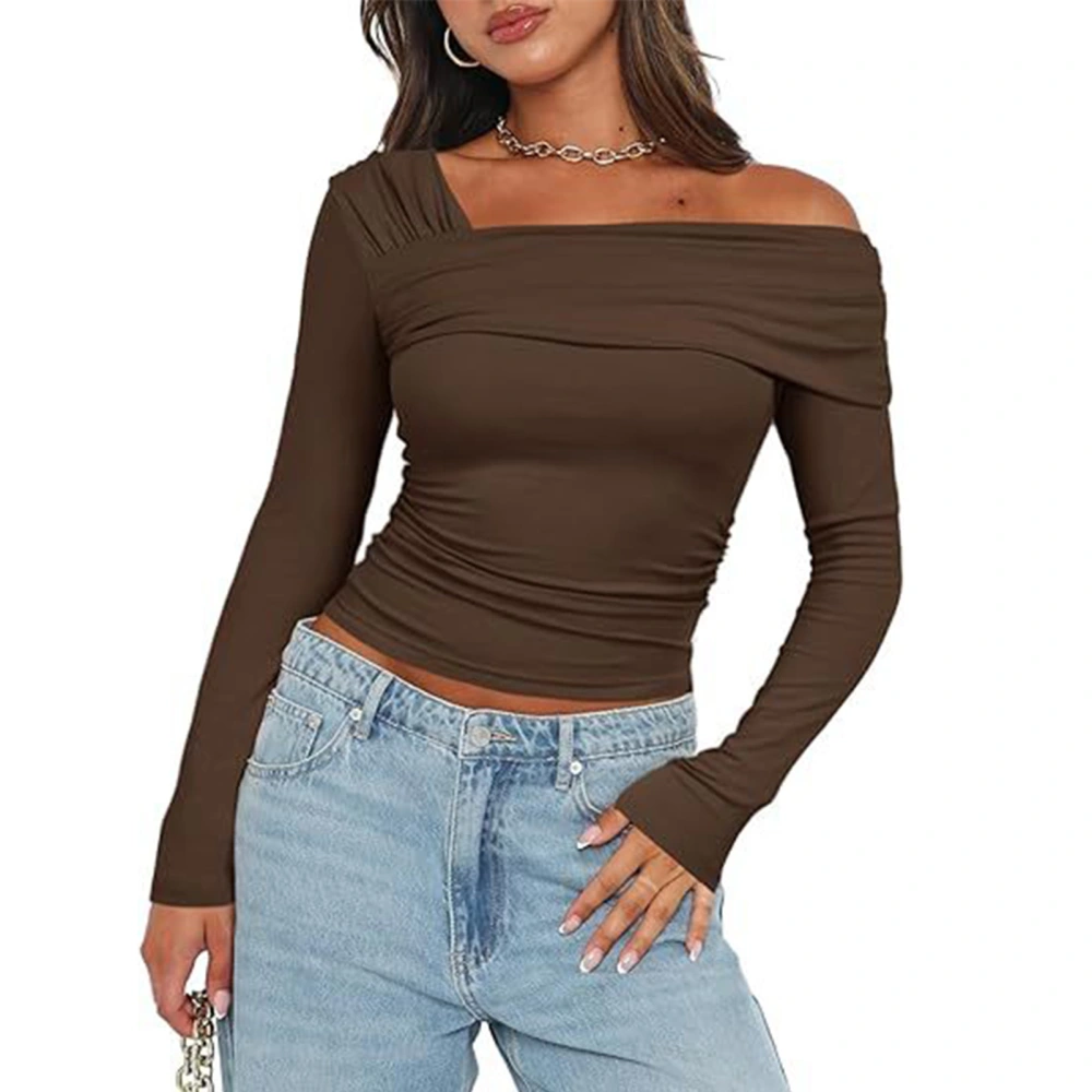 One Off Shoulder Long Sleeve Top Women Ruched Going Out Slim Fit Clothes Polyester Dark Brown S