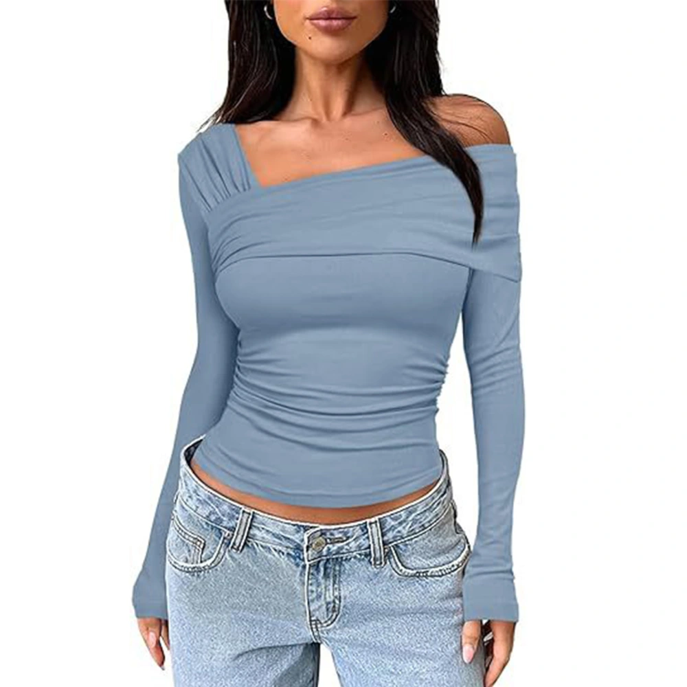 One Off Shoulder Long Sleeve Top Women Ruched Going Out Slim Fit Clothes Polyester Peacock Blue XL