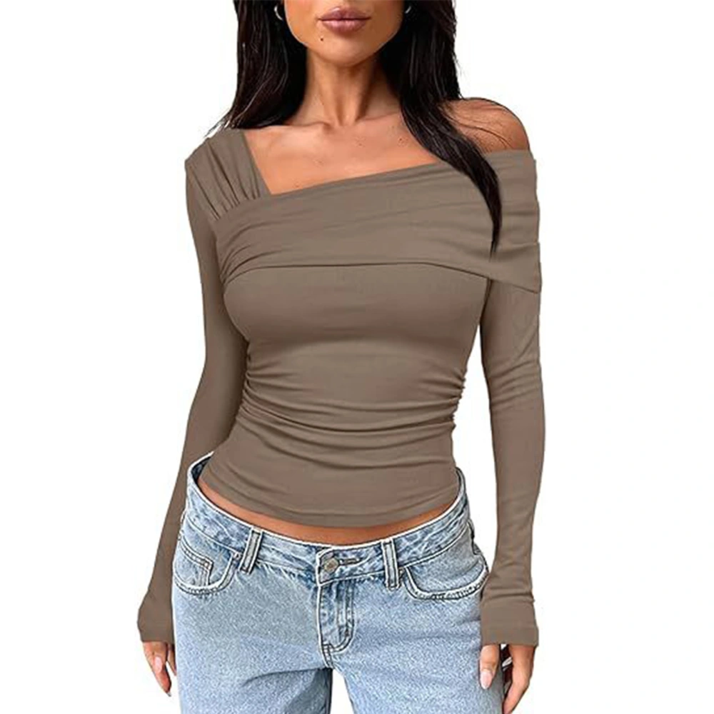 One Off Shoulder Long Sleeve Top Women Ruched Going Out Slim Fit Clothes Polyester Light Tan M