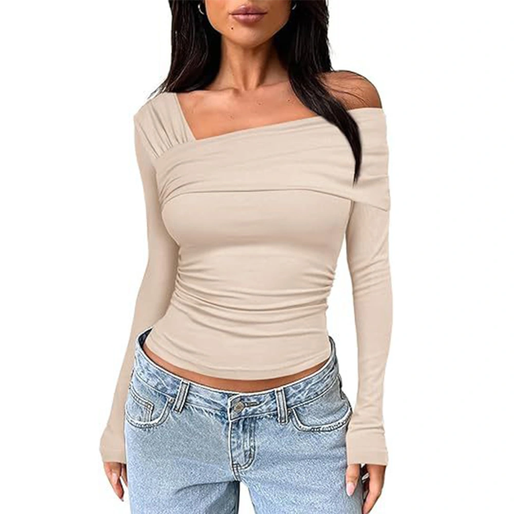 One Off Shoulder Long Sleeve Top Women Ruched Going Out Slim Fit Clothes Polyester Apricot M