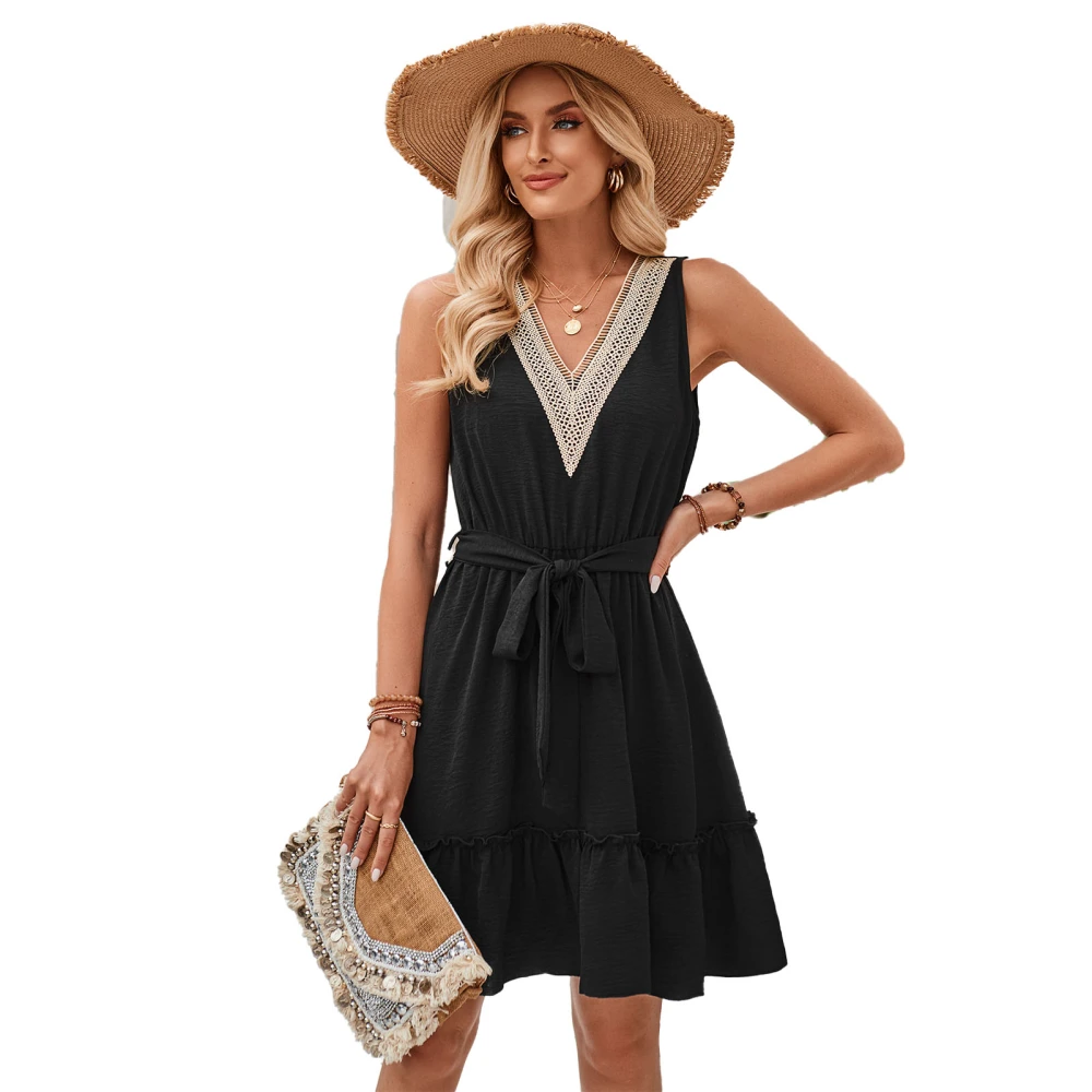 Summer Women Dress V Neck Sleeveless Mid Length A Line Waist Cinch Dress Pleated Mini Dress for Dating Holiday Black M