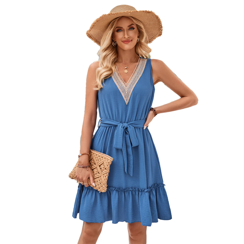 Summer Women Dress V Neck Sleeveless Mid Length A Line Waist Cinch Dress Pleated Mini Dress for Dating Holiday Blue M