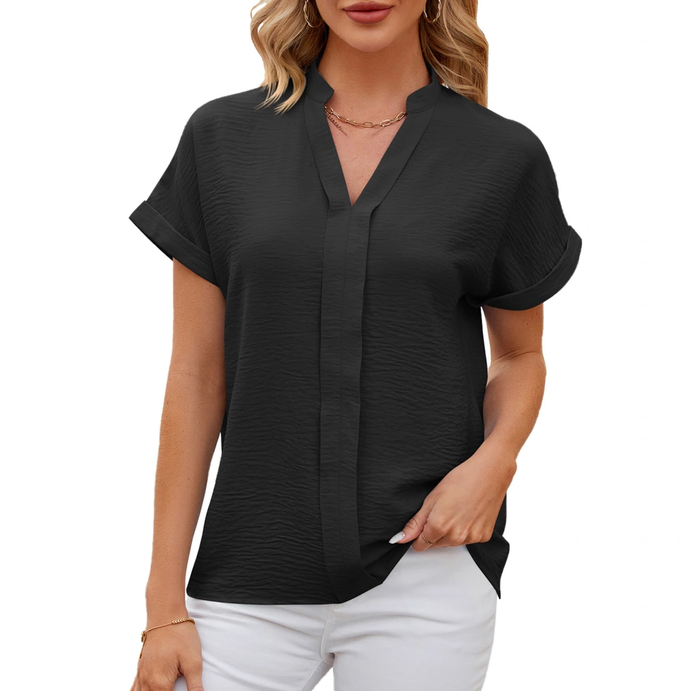 Elegant Office V Neck Blouse Casual Fitted Plain Color Short Sleeve Basic Blouse for Spring Summer Black S