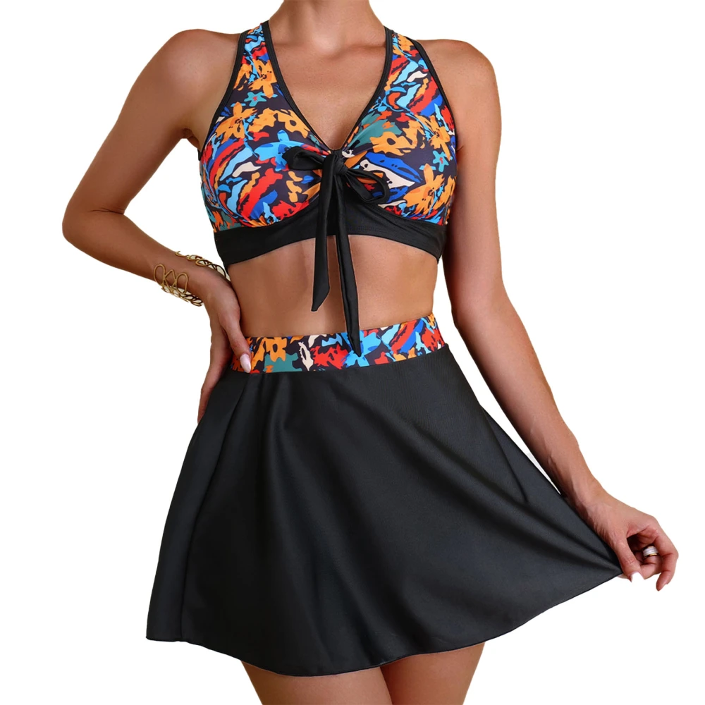 3 Pieces Swimming Suit Printed Cross Back V Neck Strapless Belt Front 3 Pieces Bathing Dress for Women Black XXL