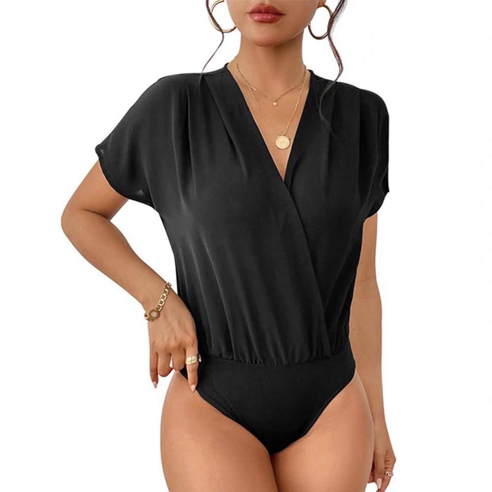 Women Short Sleeve Bodysuit Crossing Wrap V Neck Pleated Shoulder Briefs Bodysuit for Parties Black L